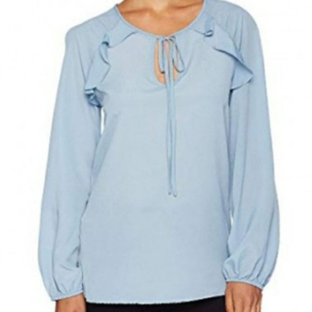 BCBGMAZAZRIA | Satin Blue Long Sleeve Ruffle Shoulder Keyhole Blouse | Medium
